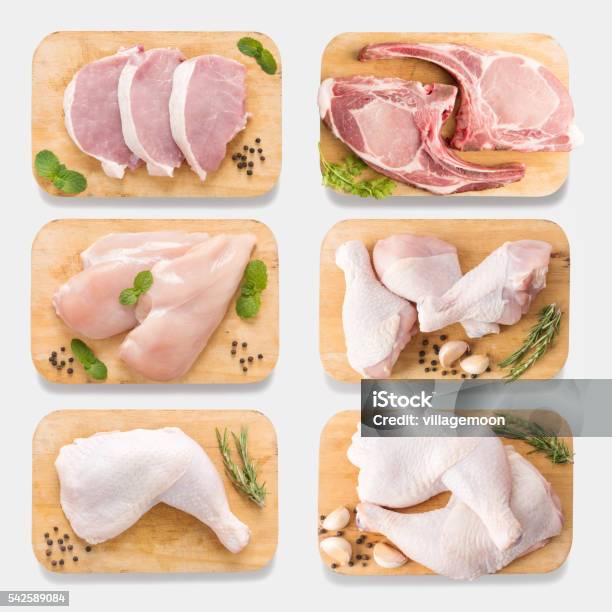 Mockup Raw Chicken And Pork On Cutting Board Set Isolated Stock Photo - Download Image Now