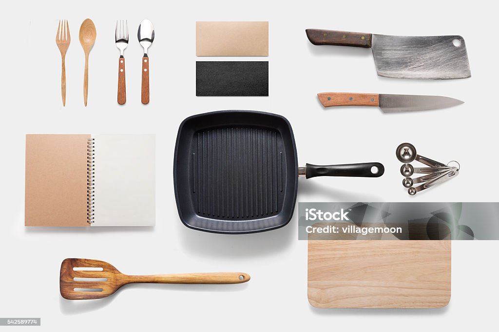Design concept of mockup arious kitchenware utensils set on whit Design concept of mockup arious kitchenware utensils set on white background. Copy space for text and logo. Clipping Path included on white background. Kitchen Stock Photo