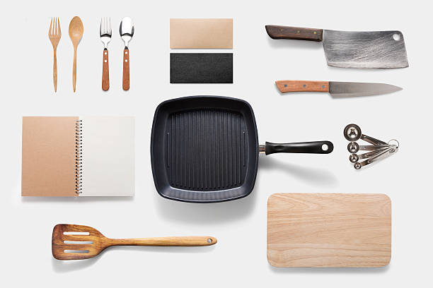 design concept of mockup arious kitchenware utensils set on whit - utensílio de cozinha imagens e fotografias de stock