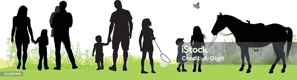 Green Summer Grass And Silhouette People A vector silhouette illustration of families on green grass including a young family, father holding his son's hand, two young children, and a horse. In Silhouette stock vector