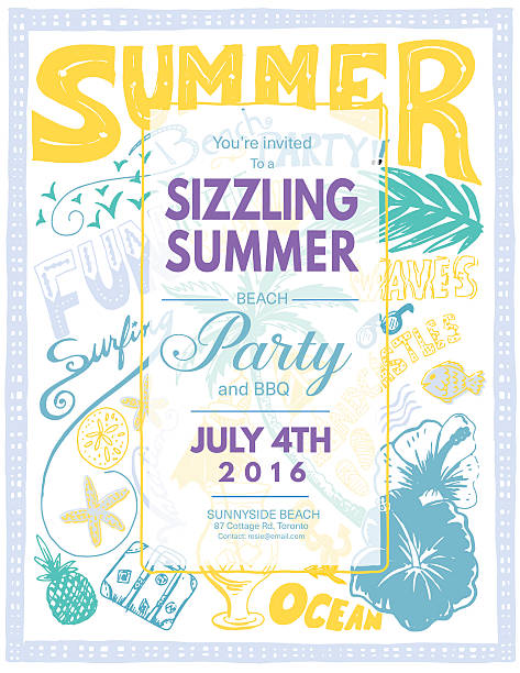 手描き 落書き 夏ビーチパーティーでは、 - starfish wave点のイラスト素材／クリップアート素材／マンガ素材／アイコン素材