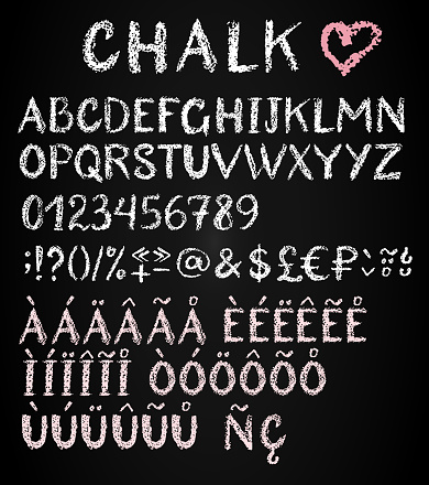 Chalk latin multilingual alphabet. Diacritics, special characters and money signs.