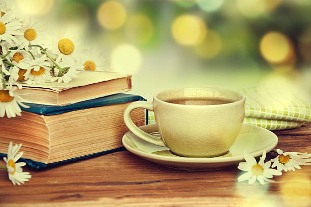 istock Cup of tea,chamomile flowers and books. 542594590