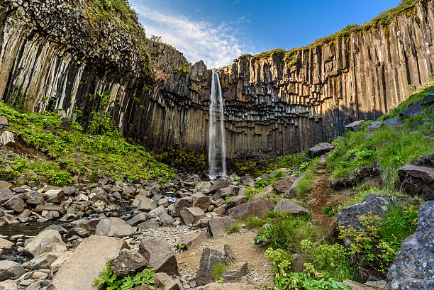 beautiful waterfall Svartifoss in Skaftafell, Iceland stock photo