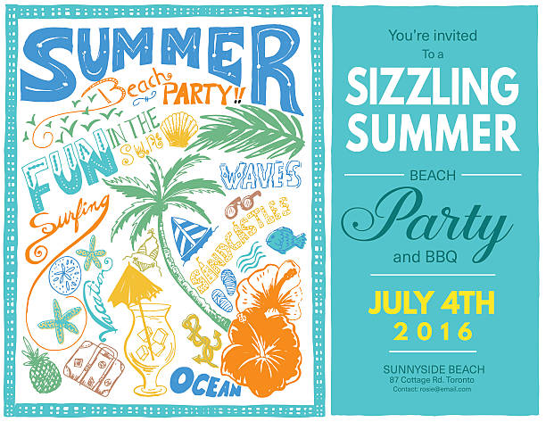 手描き 落書き 夏ビーチパーティーでは、 - starfish wave点のイラスト素材／クリップアート素材／マンガ素材／アイコン素材