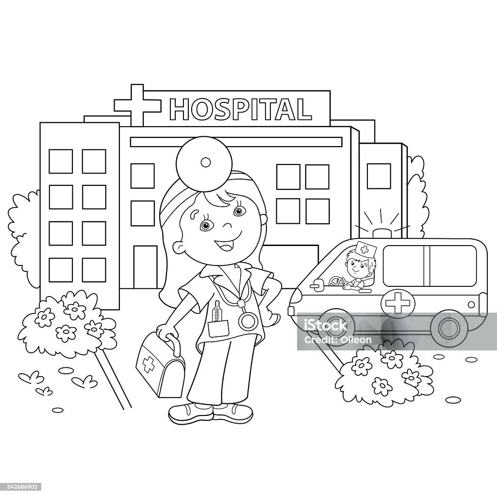 Coloring Page Outline Of cartoon doctor near the hospital Coloring Page Outline Of cartoon doctor with ambulance car near the hospital. Profession. Medicine. Coloring book for kids Coloring Book Page - Illlustration Technique stock vector