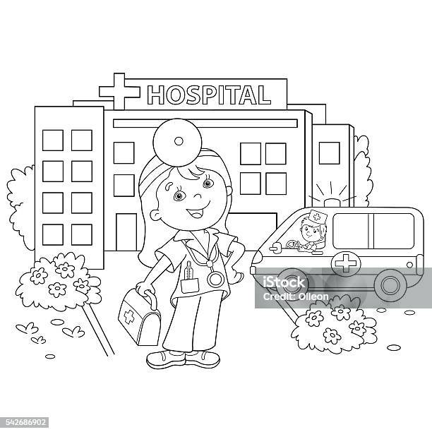 Coloring Page Outline Of Cartoon Doctor Near The Hospital Stock Illustration - Download Image Now