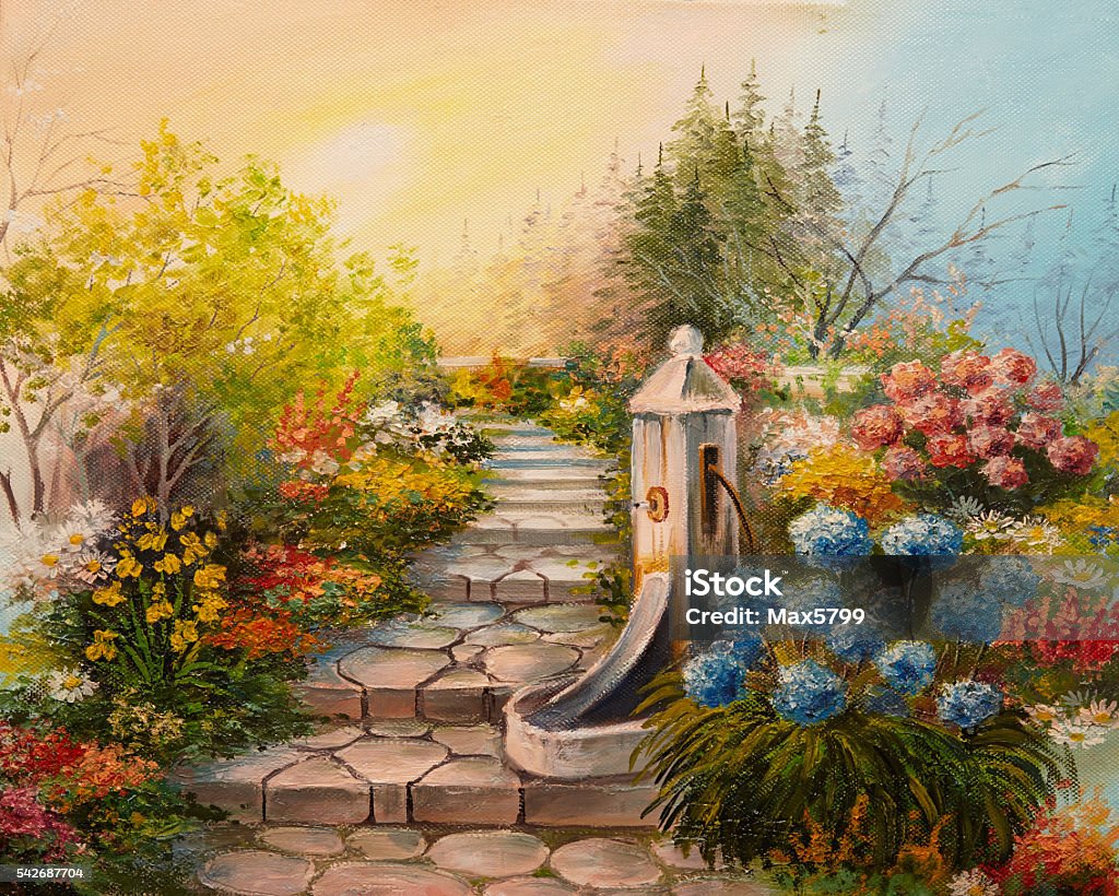 Oil Painting - stone stairs in the forest Painting - Activity stock illustration