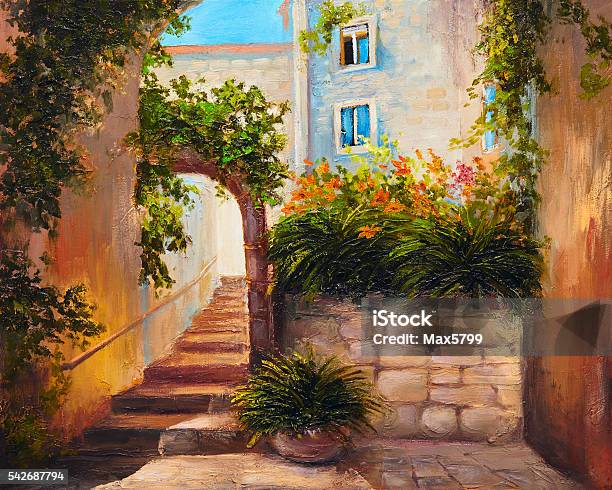 Oil Painting Summer Street Blooming Flowers Colorful Abstract Art Stock Illustration - Download Image Now