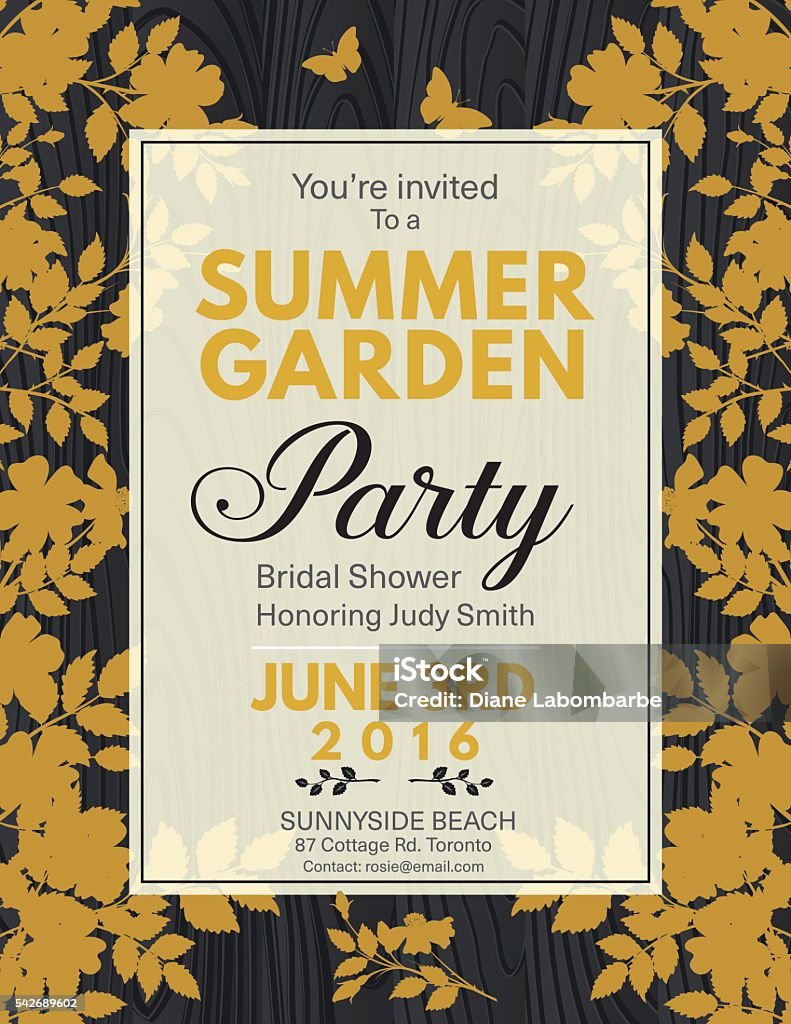 Elegant Roses Bridal Shower Garden Party Invitation Elegant Roses Silhouettes Decorate a Bridal Shower Garden Party Invitation Template. There is a white transparent frame in the center with a layer of text above it. The bottom is a wood pattern. Garden Party stock vector