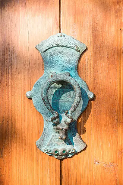 Door knocker in the shape of a bull on old wood door