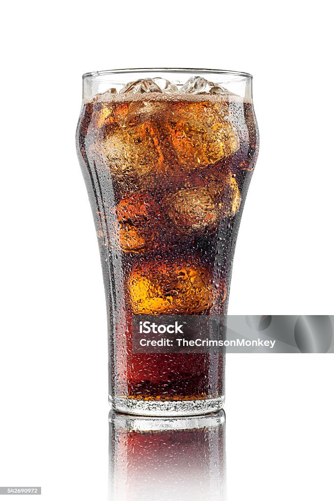 Classic Glass of Cola High resolution, digital studio shot of an ice-cold, freshly poured glass of cola in a classic cola glass with ice cubes. Sharply focused, aspirational style shot, showing condensation and a thin layer of foam, with a distinct surface reflection, isolated on a pure white background. Cola Stock Photo