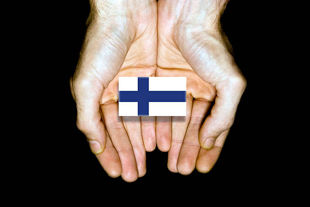 istock Flag of Finland in hands on black background 542692490