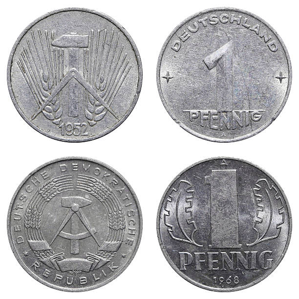 One Pfennig coin of East German mark One Pfennig coin of East German mark. 1952 1952 stock pictures, royalty-free photos & images
