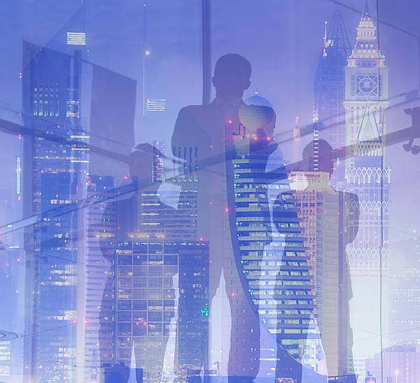 istock Three arab business men meeting, posing, Dubai skyline 542696544