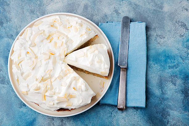 Three milk cake, tres leches cake with coconut. Top view