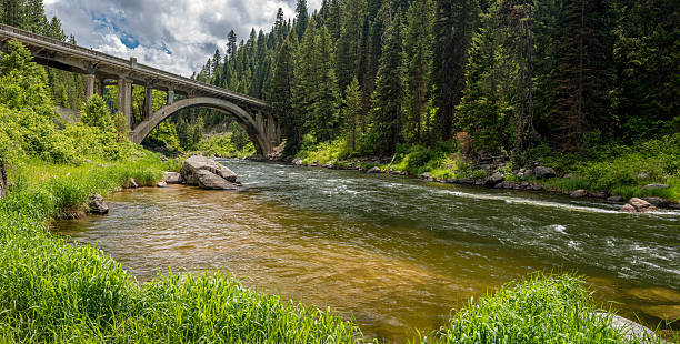 istock Idaho forest and river with a unique bridge 542696932