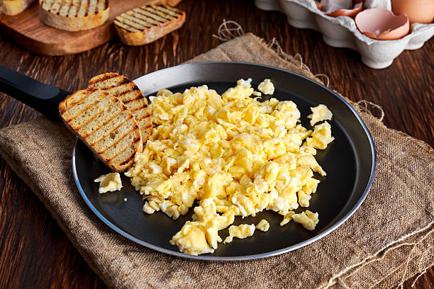 istock Homemade rustic breakfast Scrambled eggs on Pan with grilled toast. 542697170