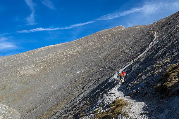 Group of hikers on trail leading to top of Mt Olympus, Greece.