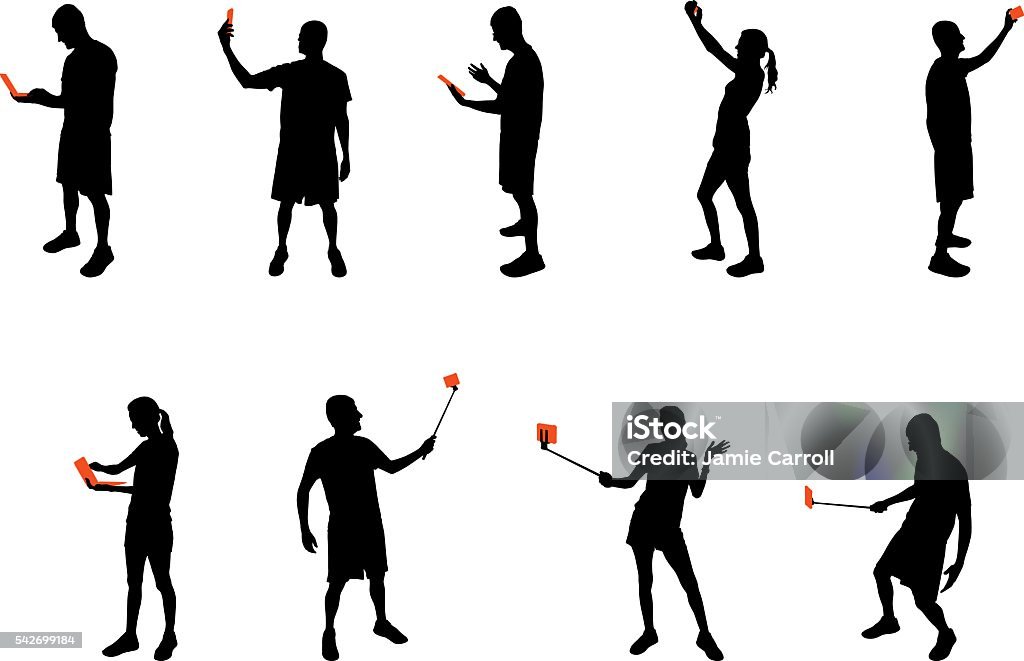 Silhouettes with mobile devices Silhouettes with mobile devices. Selfies and selfie stick. In Silhouette stock vector