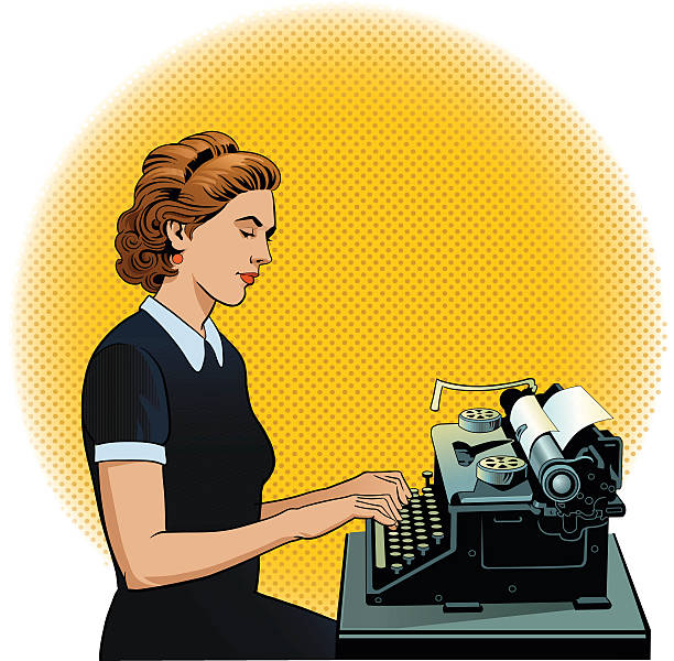 retro kobieta pisze na bardzo stare taśmy do maszyn do pisania - typewriter writing newspaper author stock illustrations