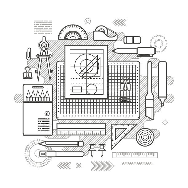 illustrations, cliparts, dessins animés et icônes de rédaction concept de conception plat - drafting symbol plan blueprint