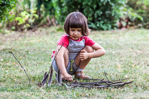learning nature - happy young preschool child experimenting with wood sticks and feathers in garden to build with branches in the grass, summertime