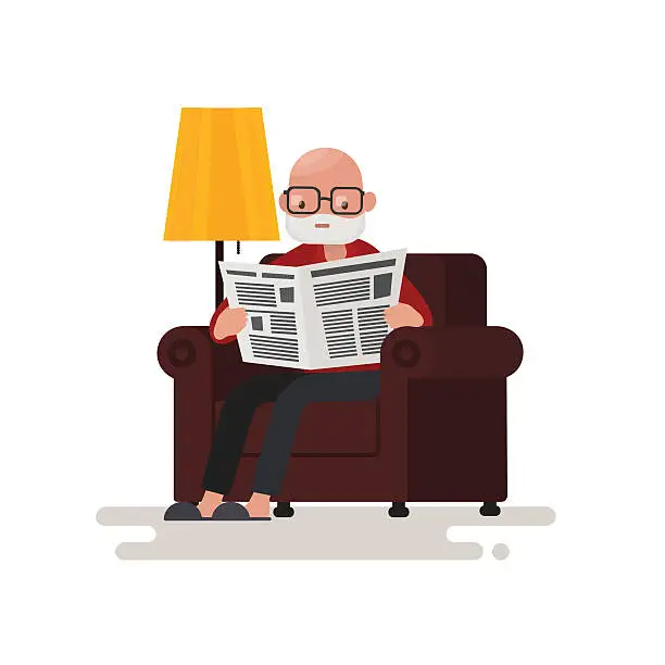 Vector illustration of Grandpa reading the newspaper while sitting in a chair.