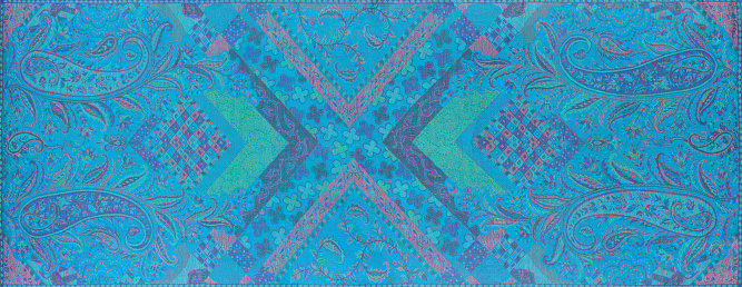 Traditional blue paisley pattern silk headscarf sample. Eastern cloth presents, gifts and souvenir shop concept. High resolution panorama, letterbox view