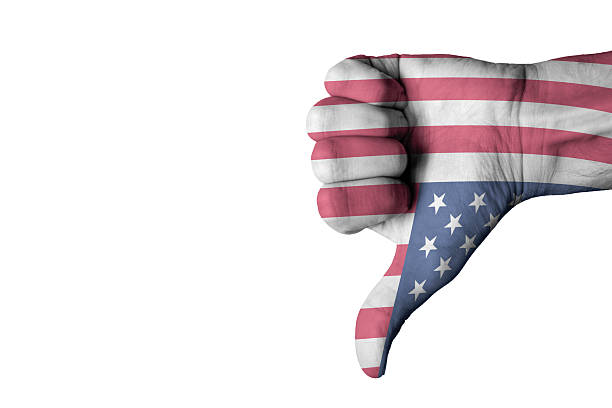USA flag on human male thumb down hand