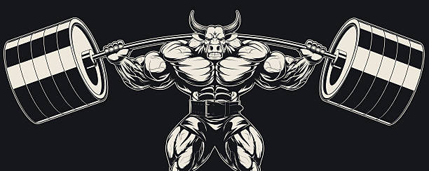 Strong bull Vector illustration, strong ferocious bull holds the barbell on your shoulders bull head man stock illustrations