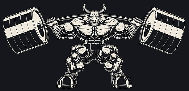 Strong bull Vector illustration, strong ferocious bull holds the barbell on your shoulders bull head man stock illustrations