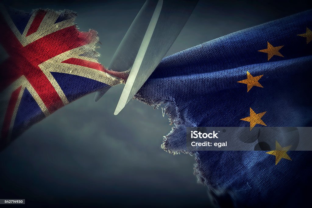 Brexit concept Flags of the United Kingdom and the European Union.Brexit concept. Brexit Stock Photo