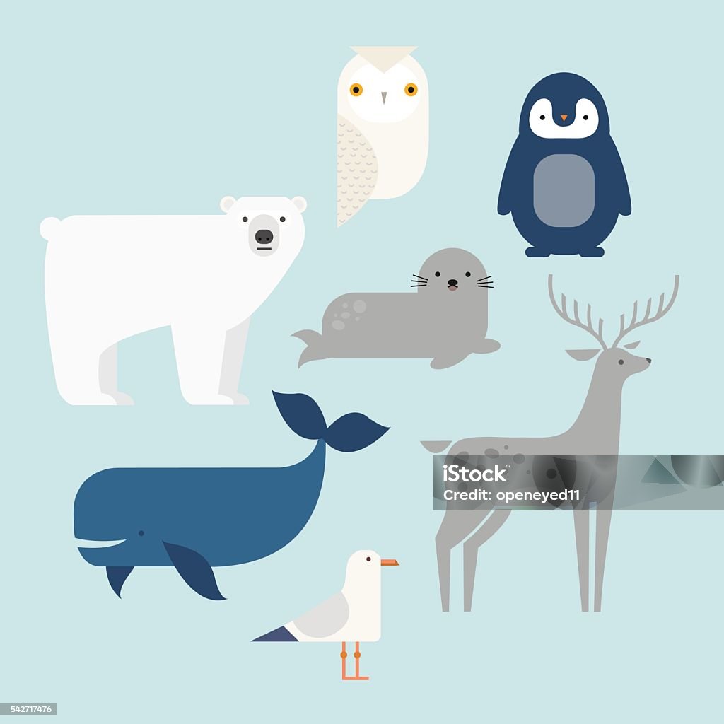 Polar animals Vector set Arctic and Antarctic animals. Penguin, polar bear, seal, reindeer, whale, snowy owl, albatross. Set of polar animals. Flat style character. Vector illustration Animal stock vector