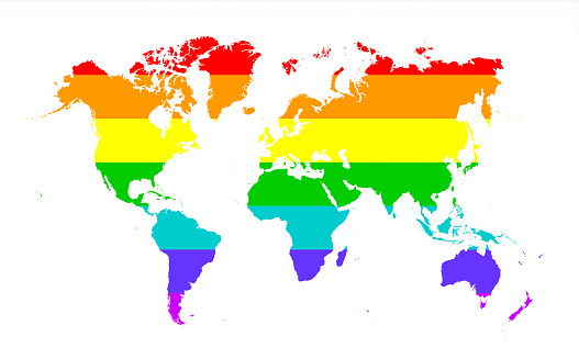 Map of world isolated on white, Rainbow flag
