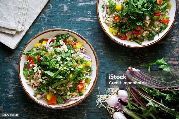 Vegetarian Bulgur Salad Stock Photo - Download Image Now - Vegetarian Food, Cereal Plant, East