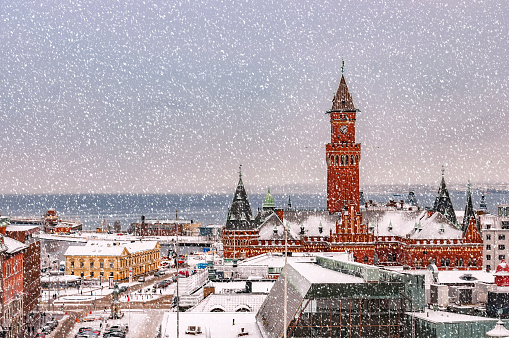 An elevated view of the swedish city of Helsingborg during some wintry weather conditions.