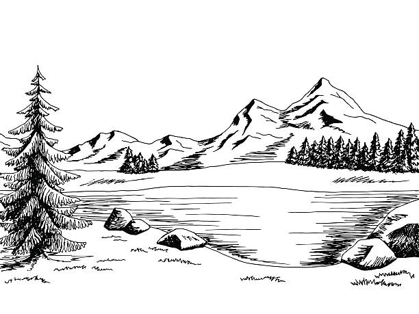 illustrazioni stock, clip art, cartoni animati e icone di tendenza di montagna lago di arte grafica paesaggio illustrazione vettoriale in bianco e nero - lago illustrazioni
