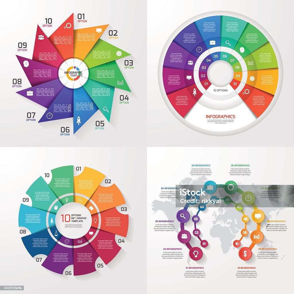 Set of four vector infographic templates. 10 options Set of four vector infographic templates. Business, education, industry, science concept with 10 values, options, parts, steps, processes. Number 10 stock vector