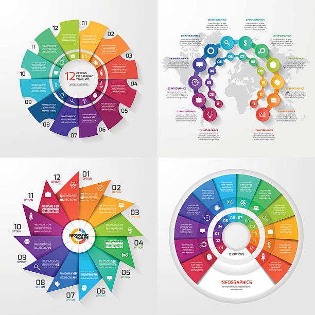 illustrations, cliparts, dessins animés et icônes de groupe de quatre vecteur infographie modèles. 12 options - 12