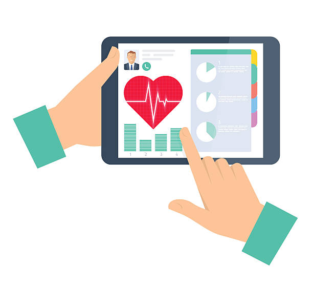 Doctor advises a patient on the tablet. Telemedicine and telehea Doctor advises a patient on a tablet computer. Telemedicine and telehealth flat concept illustration. Hand, tablet, heart with pulse on a display. Tele and remote medicine vector element infographic. monitoring equipment stock illustrations