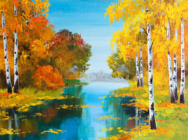 ilustrações de stock, clip art, desenhos animados e ícones de oil painting landscape - birch forest near the river - abstract paint backgrounds field