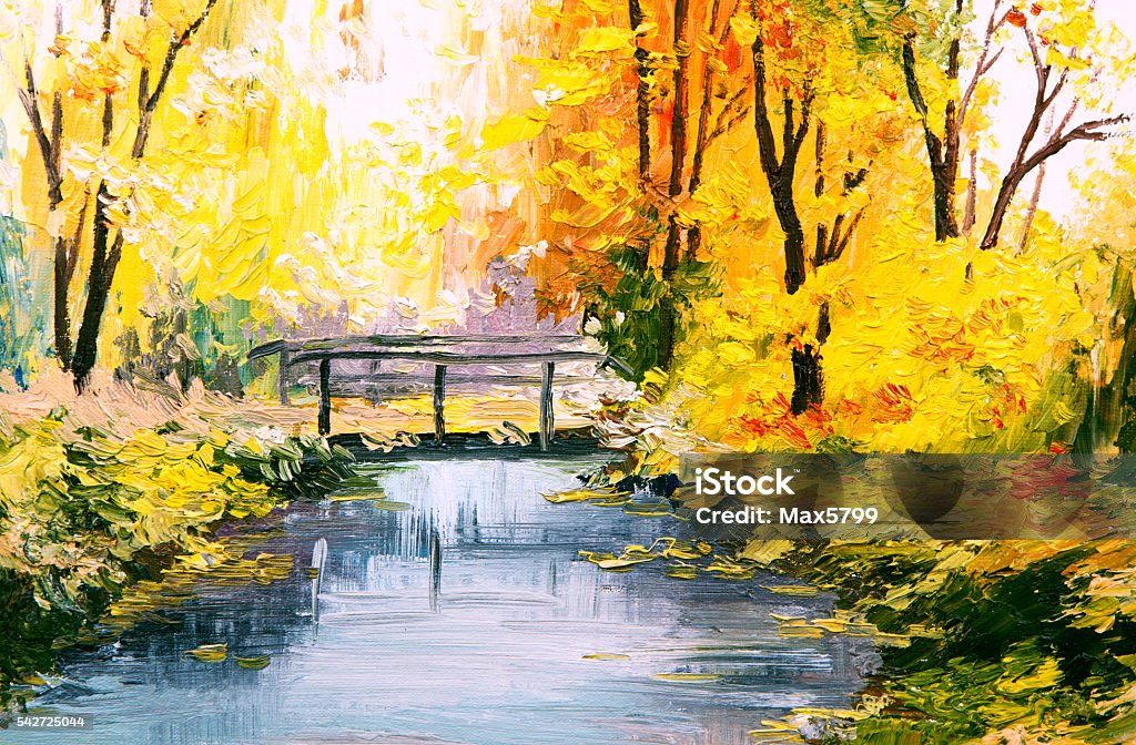 Oil painting landscape - colorful autumn forest Oil painting landscape - colorful autumn forest, beautiful river Landscape - Scenery stock illustration