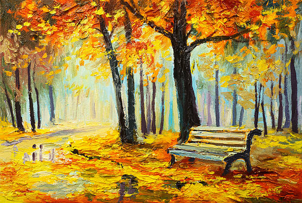 illustrations, cliparts, dessins animés et icônes de peinture à l'huile paysage coloré de l'automne-forêt - designer artist paintings canvas