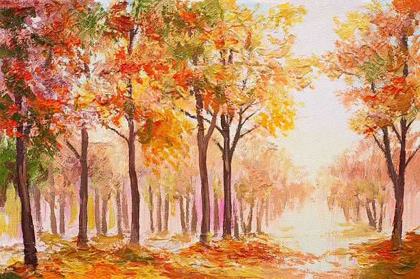 illustrations, cliparts, dessins animés et icônes de peinture à l'huile paysage coloré de l'automne-forêt - designer artist paintings canvas