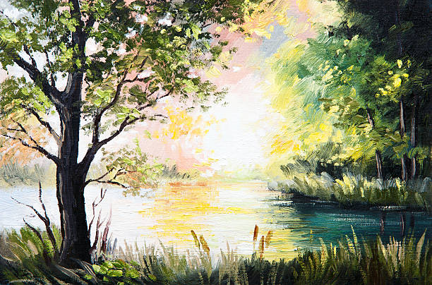 istock Oil painting landscape - lake in the forest 542726382