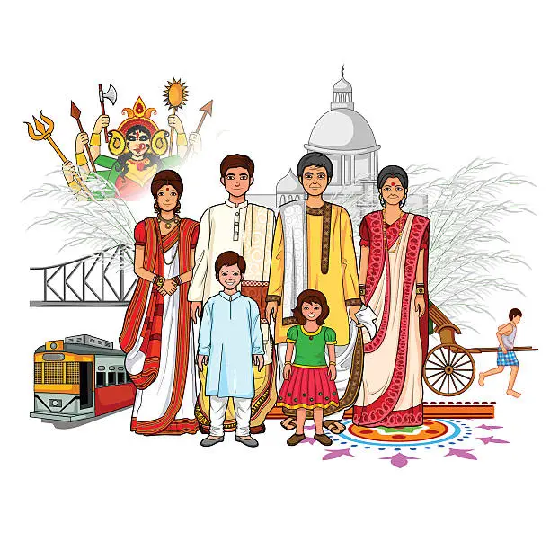 Vector illustration of Bengali family showing culture of West Bengal, India