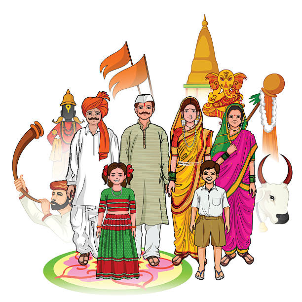 illustrazioni stock, clip art, cartoni animati e icone di tendenza di maharashtriana famiglia mostrando la cultura di maharashtra, india - maharashtra