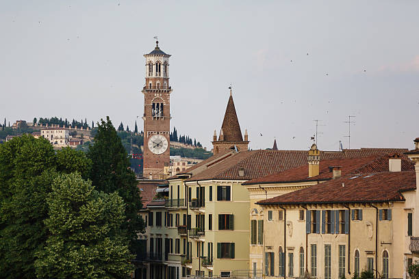 Verona, Italy - May 07 2016: View of the tower of Lamberti at evening time