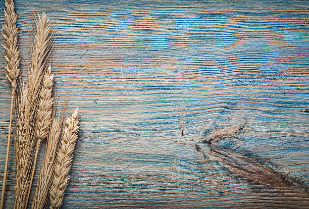 istock Some wheat rye ears on vintage wooden board copy space 542791070